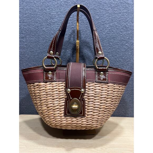 Coach Legacy 10728 Basket Tote Woven Straw Espresso Brown Leather Turn Lock - Picture 1 of 14